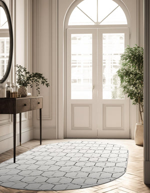 White 5' 3 x 8' Matrix Trellis Oval Area Rug 100% Polyester Geometric Pattern Modern Carpet for Living, Dining, Bedroom, Office for Sale at Rug Engine