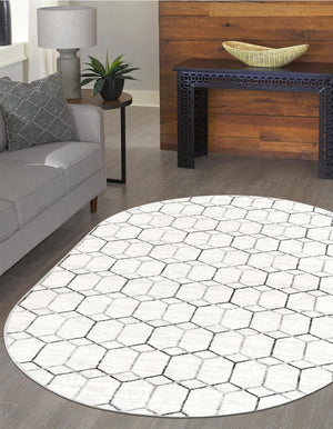 White 5' 3 x 8' Matrix Trellis Oval Area Rug 100% Polyester Geometric Pattern Modern Carpet for Living, Dining, Bedroom, Office for Sale at Rug Engine