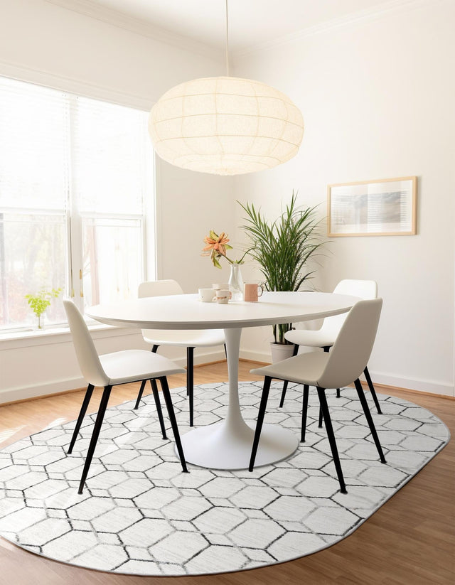 White 5' 3 x 8' Matrix Trellis Oval Area Rug 100% Polyester Geometric Pattern Modern Carpet for Living, Dining, Bedroom, Office for Sale at Rug Engine