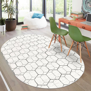 White 5' 3 x 8' Matrix Trellis Oval Area Rug 100% Polyester Geometric Pattern Modern Carpet for Living, Dining, Bedroom, Office for Sale at Rug Engine