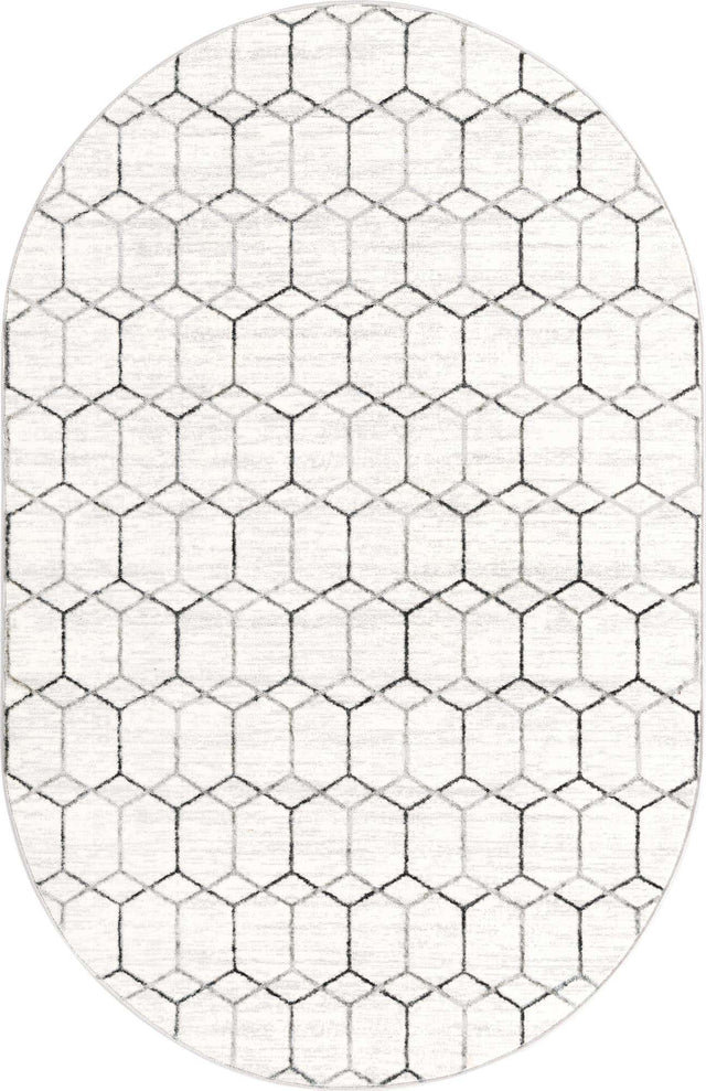 White 5' 3 x 8' Matrix Trellis Oval Area Rug 100% Polyester Geometric Pattern Modern Carpet for Living, Dining, Bedroom, Office for Sale at Rug Engine