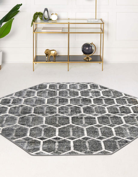 Grey 5' 3 x 5' 3 Matrix Trellis Octagon Area Rug 100% Polyester Geometric Pattern Modern Carpet for Living, Dining, Bedroom, Office for Sale at Rug Engine