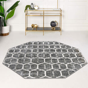 Grey 5' 3 x 5' 3 Matrix Trellis Octagon Area Rug 100% Polyester Geometric Pattern Modern Carpet for Living, Dining, Bedroom, Office for Sale at Rug Engine