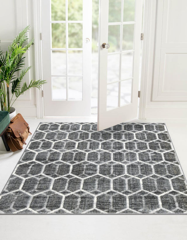 Grey 5' 3 x 5' 3 Matrix Trellis Square Area Rug 100% Polyester Geometric Pattern Modern Carpet for Living, Dining, Bedroom, Office for Sale at Rug Engine