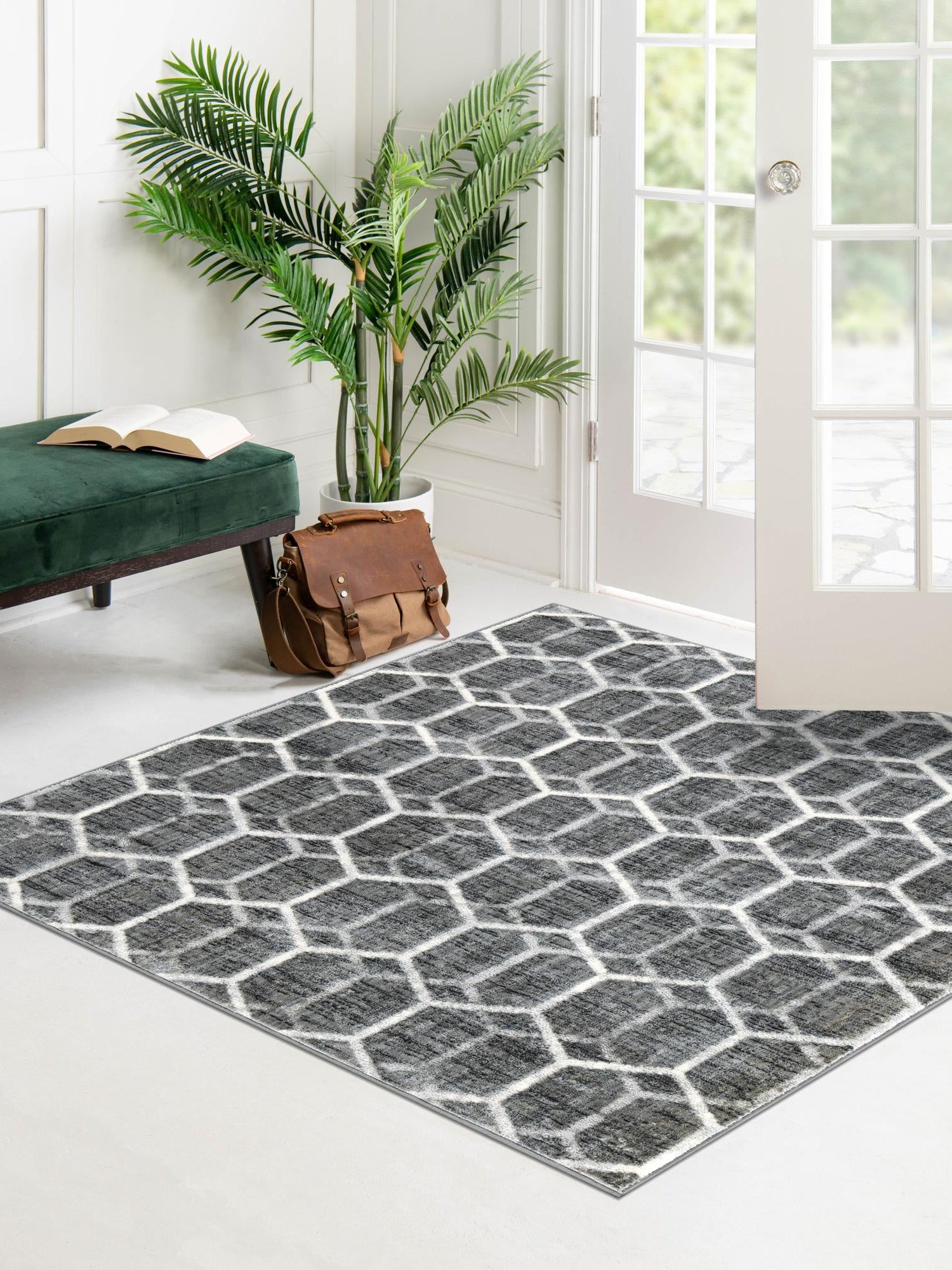 Grey 7' x 7' Matrix Trellis Square Area Rug 100% Polyester Geometric Pattern Modern Carpet for Living, Dining, Bedroom, Office for Sale at Rug Engine