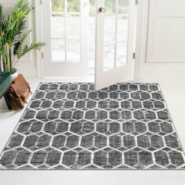Grey 5' 3 x 5' 3 Matrix Trellis Square Area Rug 100% Polyester Geometric Pattern Modern Carpet for Living, Dining, Bedroom, Office for Sale at Rug Engine