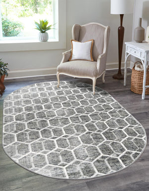 Grey 5' 3 x 8' Matrix Trellis Oval Area Rug 100% Polyester Geometric Pattern Modern Carpet for Living, Dining, Bedroom, Office for Sale at Rug Engine