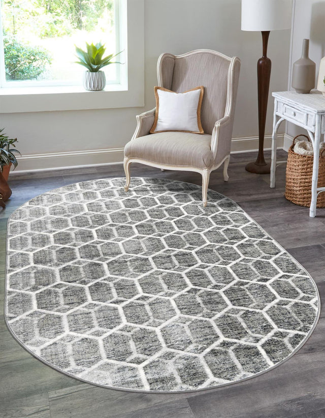 Grey 5' 3 x 8' Matrix Trellis Oval Area Rug 100% Polyester Geometric Pattern Modern Carpet for Living, Dining, Bedroom, Office for Sale at Rug Engine