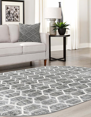 Grey 5' 3 x 8' Matrix Trellis Oval Area Rug 100% Polyester Geometric Pattern Modern Carpet for Living, Dining, Bedroom, Office for Sale at Rug Engine