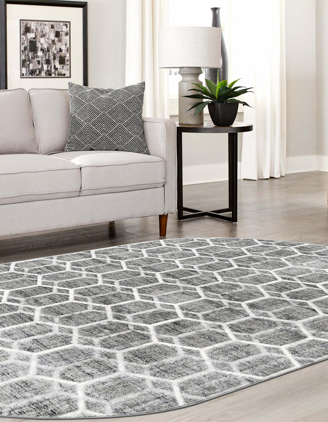 Grey 5' 3 x 8' Matrix Trellis Oval Area Rug 100% Polyester Geometric Pattern Modern Carpet for Living, Dining, Bedroom, Office for Sale at Rug Engine