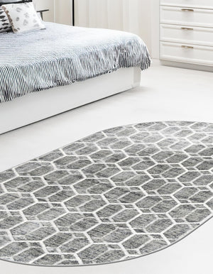 Grey 5' 3 x 8' Matrix Trellis Oval Area Rug 100% Polyester Geometric Pattern Modern Carpet for Living, Dining, Bedroom, Office for Sale at Rug Engine