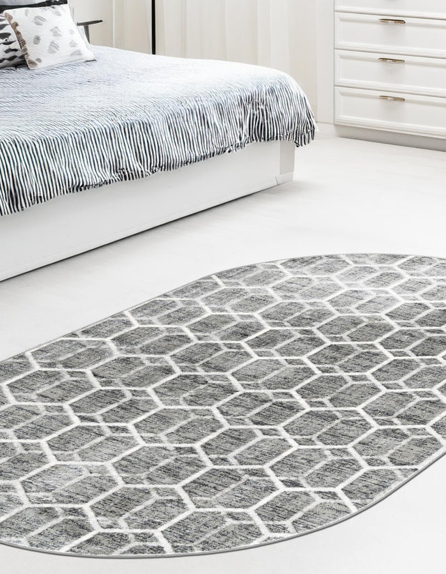 Grey 5' 3 x 8' Matrix Trellis Oval Area Rug 100% Polyester Geometric Pattern Modern Carpet for Living, Dining, Bedroom, Office for Sale at Rug Engine