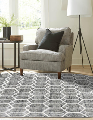 Grey 5' 3 x 8' Matrix Trellis Oval Area Rug 100% Polyester Geometric Pattern Modern Carpet for Living, Dining, Bedroom, Office for Sale at Rug Engine