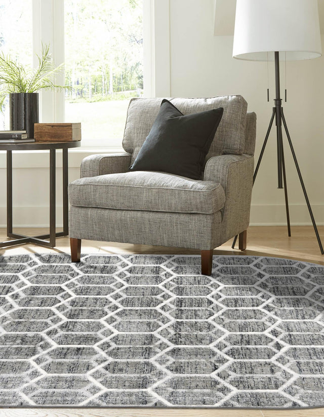 Grey 5' 3 x 8' Matrix Trellis Oval Area Rug 100% Polyester Geometric Pattern Modern Carpet for Living, Dining, Bedroom, Office for Sale at Rug Engine