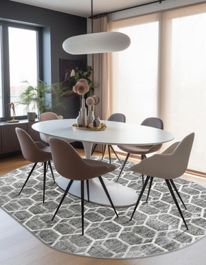 Grey 5' 3 x 8' Matrix Trellis Oval Area Rug 100% Polyester Geometric Pattern Modern Carpet for Living, Dining, Bedroom, Office for Sale at Rug Engine