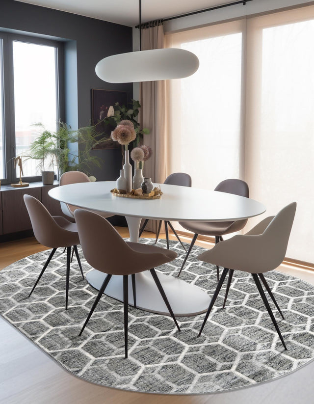 Grey 5' 3 x 8' Matrix Trellis Oval Area Rug 100% Polyester Geometric Pattern Modern Carpet for Living, Dining, Bedroom, Office for Sale at Rug Engine