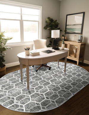 Grey 5' 3 x 8' Matrix Trellis Oval Area Rug 100% Polyester Geometric Pattern Modern Carpet for Living, Dining, Bedroom, Office for Sale at Rug Engine