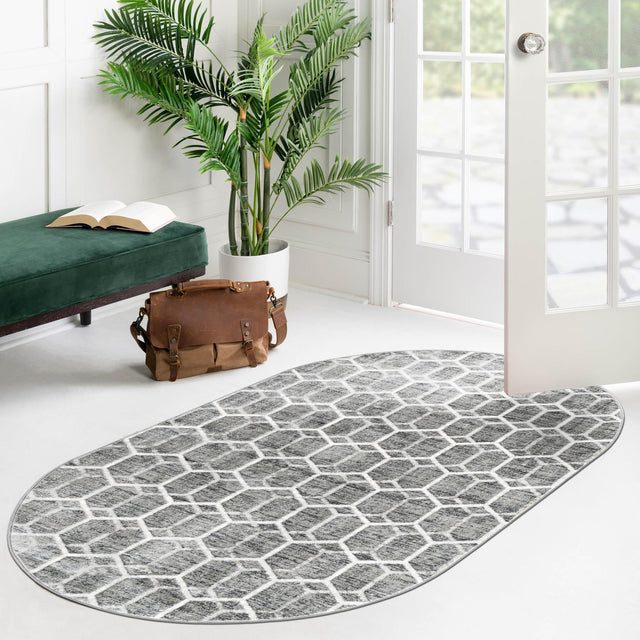 Grey 5' 3 x 8' Matrix Trellis Oval Area Rug 100% Polyester Geometric Pattern Modern Carpet for Living, Dining, Bedroom, Office for Sale at Rug Engine