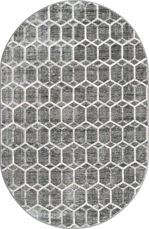 Grey 5' 3 x 8' Matrix Trellis Oval Area Rug 100% Polyester Geometric Pattern Modern Carpet for Living, Dining, Bedroom, Office for Sale at Rug Engine