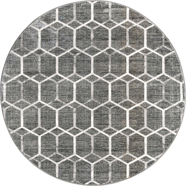 Grey 7' x 7' Matrix Trellis Round Area Rug 100% Polyester Geometric Pattern Modern Carpet for Living, Dining, Bedroom, Office for Sale at Rug Engine