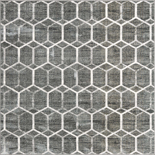Grey 7' x 7' Matrix Trellis Square Area Rug 100% Polyester Geometric Pattern Modern Carpet for Living, Dining, Bedroom, Office for Sale at Rug Engine