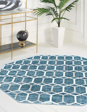 Blue 5' 3 x 5' 3 Matrix Trellis Octagon Area Rug 100% Polyester Geometric Pattern Modern Carpet for Living, Dining, Bedroom, Office for Sale at Rug Engine