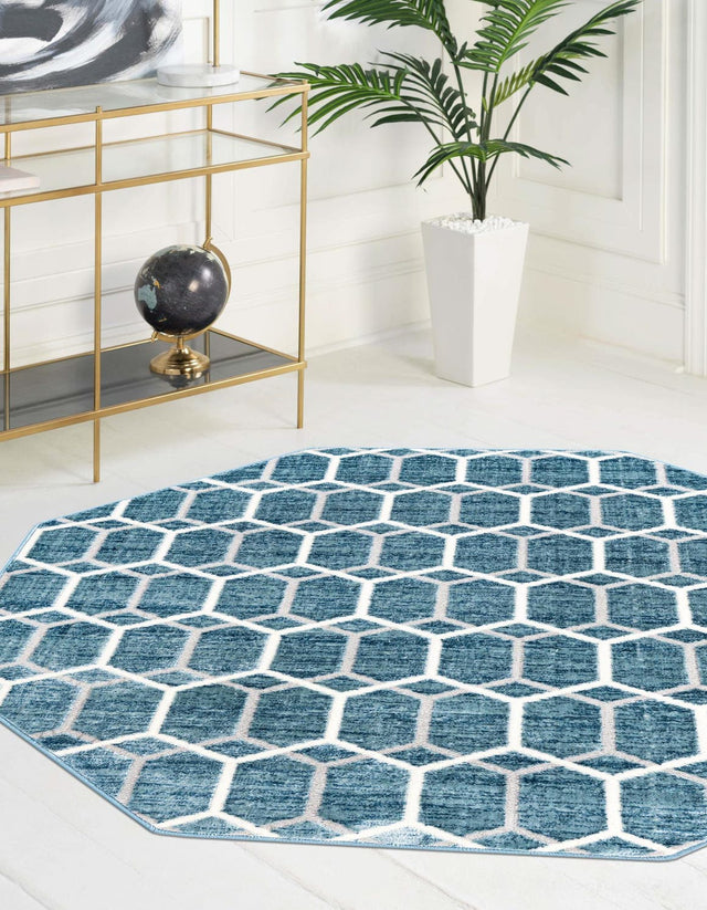 Blue 5' 3 x 5' 3 Matrix Trellis Octagon Area Rug 100% Polyester Geometric Pattern Modern Carpet for Living, Dining, Bedroom, Office for Sale at Rug Engine