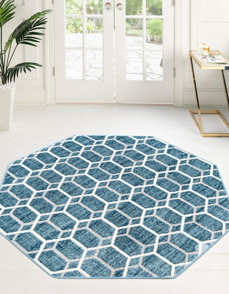Blue 5' 3 x 5' 3 Matrix Trellis Octagon Area Rug 100% Polyester Geometric Pattern Modern Carpet for Living, Dining, Bedroom, Office for Sale at Rug Engine
