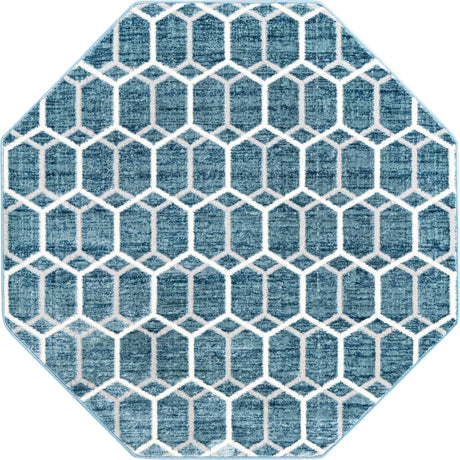 Blue 5' 3 x 5' 3 Matrix Trellis Octagon Area Rug 100% Polyester Geometric Pattern Modern Carpet for Living, Dining, Bedroom, Office for Sale at Rug Engine