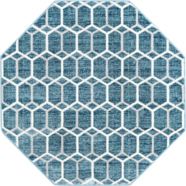 Blue 5' 3 x 5' 3 Matrix Trellis Octagon Area Rug 100% Polyester Geometric Pattern Modern Carpet for Living, Dining, Bedroom, Office for Sale at Rug Engine