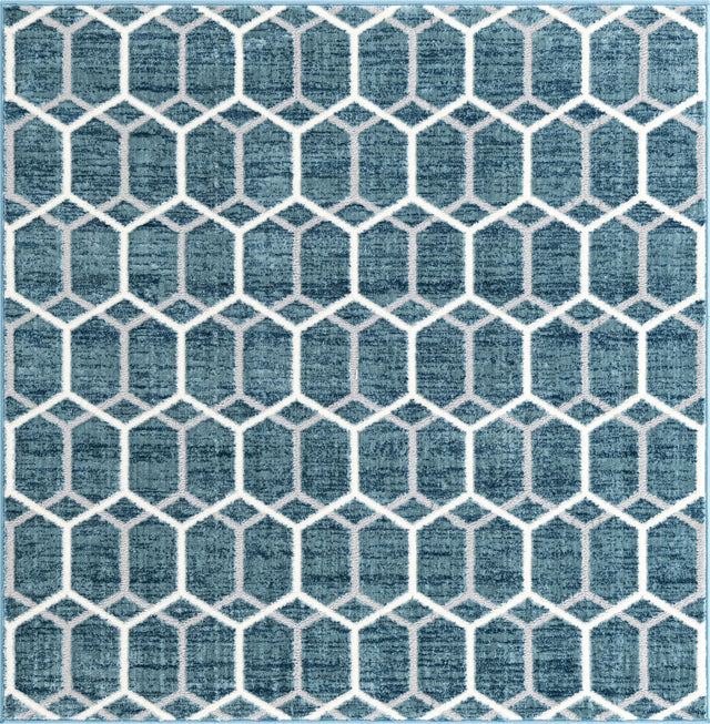 Blue 5' 3 x 5' 3 Matrix Trellis Square Area Rug 100% Polyester Geometric Pattern Modern Carpet for Living, Dining, Bedroom, Office for Sale at Rug Engine