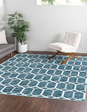 Blue 5' 3 x 5' 3 Matrix Trellis Square Area Rug 100% Polyester Geometric Pattern Modern Carpet for Living, Dining, Bedroom, Office for Sale at Rug Engine