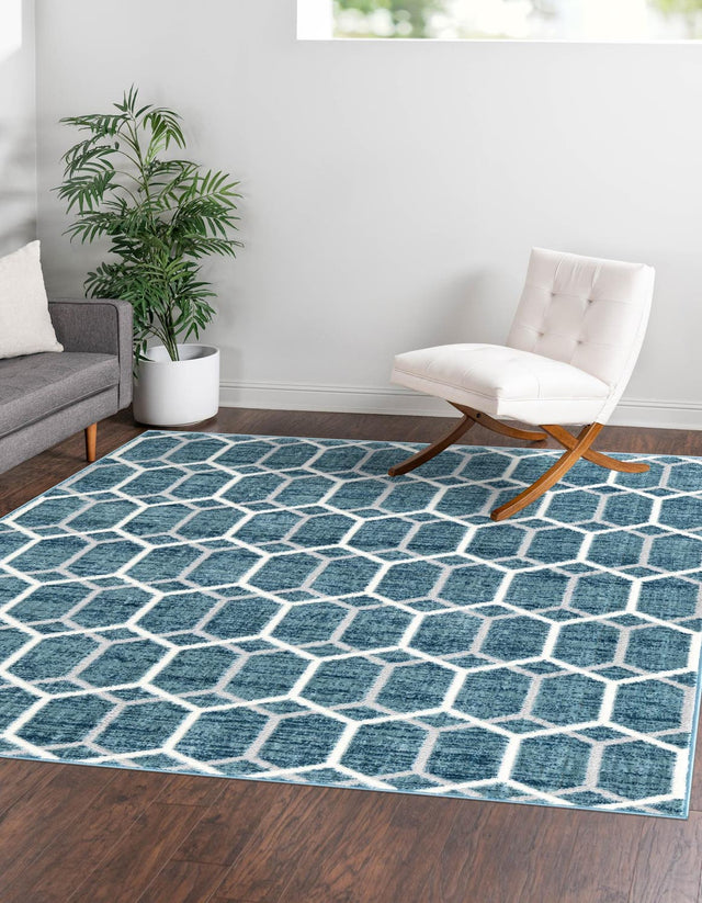 Blue 5' 3 x 5' 3 Matrix Trellis Square Area Rug 100% Polyester Geometric Pattern Modern Carpet for Living, Dining, Bedroom, Office for Sale at Rug Engine