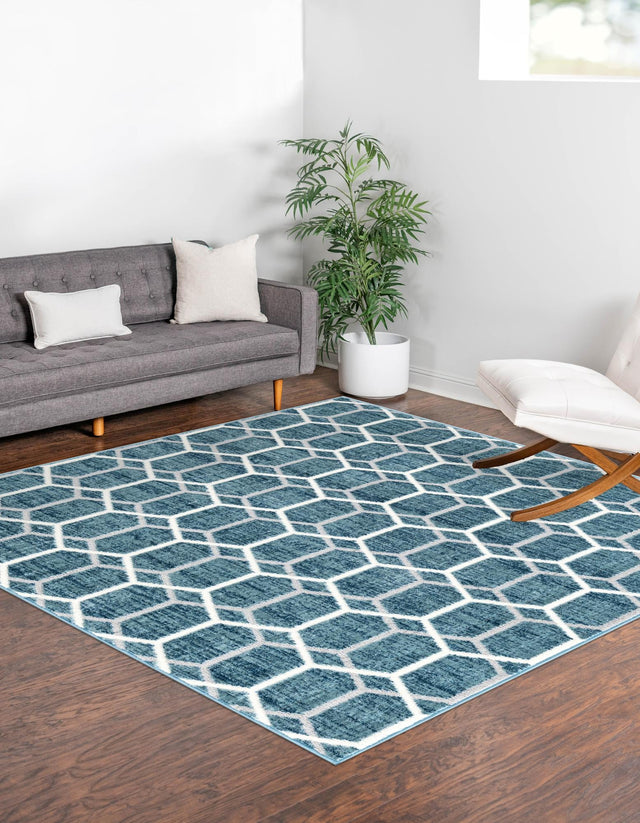 Blue 5' 3 x 5' 3 Matrix Trellis Square Area Rug 100% Polyester Geometric Pattern Modern Carpet for Living, Dining, Bedroom, Office for Sale at Rug Engine