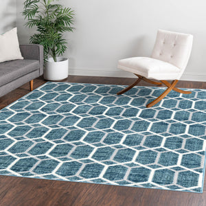 Blue 7' x 7' Matrix Trellis Square Area Rug 100% Polyester Geometric Pattern Modern Carpet for Living, Dining, Bedroom, Office for Sale at Rug Engine