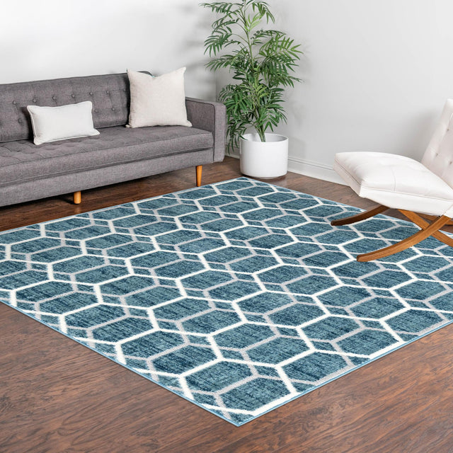 Blue 7' x 7' Matrix Trellis Square Area Rug 100% Polyester Geometric Pattern Modern Carpet for Living, Dining, Bedroom, Office for Sale at Rug Engine