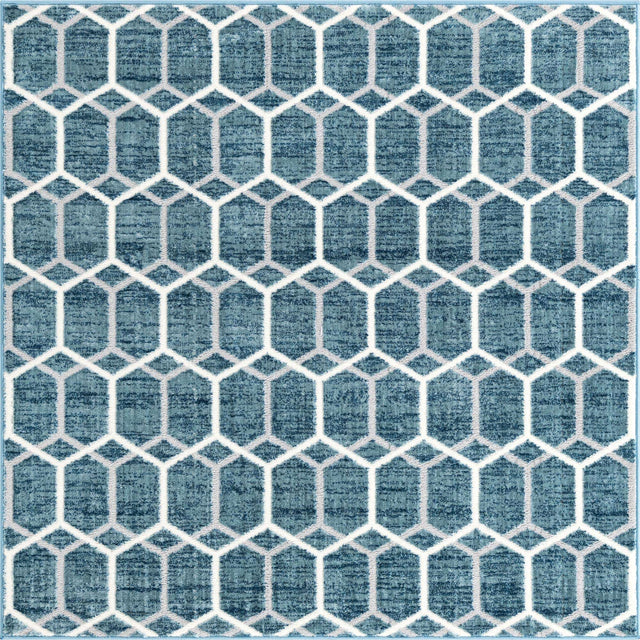 Blue 5' 3 x 5' 3 Matrix Trellis Square Area Rug 100% Polyester Geometric Pattern Modern Carpet for Living, Dining, Bedroom, Office for Sale at Rug Engine