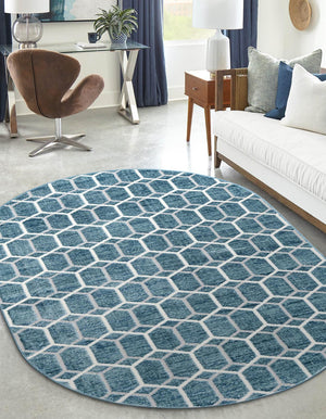 Blue 5' 3 x 8' Matrix Trellis Oval Area Rug 100% Polyester Geometric Pattern Modern Carpet for Living, Dining, Bedroom, Office for Sale at Rug Engine