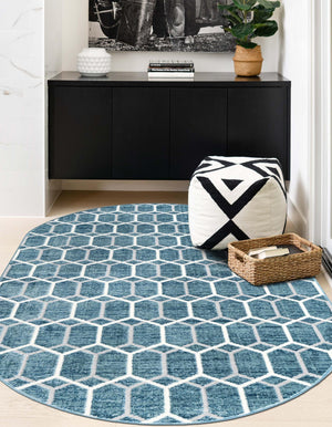 Blue 5' 3 x 8' Matrix Trellis Oval Area Rug 100% Polyester Geometric Pattern Modern Carpet for Living, Dining, Bedroom, Office for Sale at Rug Engine