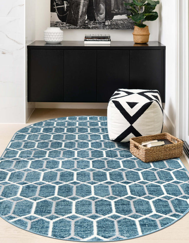 Blue 5' 3 x 8' Matrix Trellis Oval Area Rug 100% Polyester Geometric Pattern Modern Carpet for Living, Dining, Bedroom, Office for Sale at Rug Engine