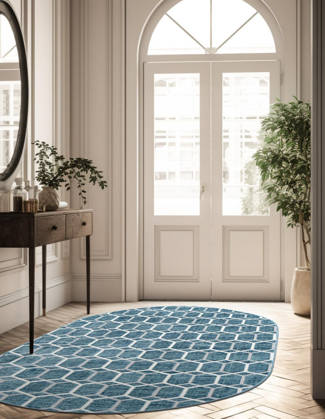 Blue 5' 3 x 8' Matrix Trellis Oval Area Rug 100% Polyester Geometric Pattern Modern Carpet for Living, Dining, Bedroom, Office for Sale at Rug Engine
