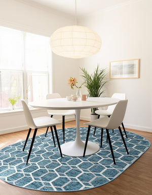 Blue 5' 3 x 8' Matrix Trellis Oval Area Rug 100% Polyester Geometric Pattern Modern Carpet for Living, Dining, Bedroom, Office for Sale at Rug Engine