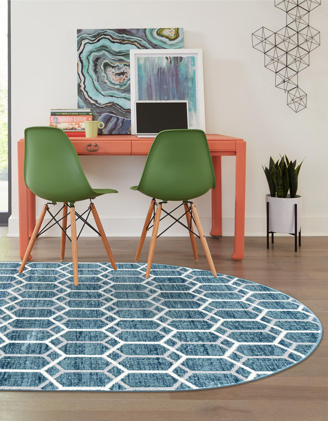 Blue 5' 3 x 8' Matrix Trellis Oval Area Rug 100% Polyester Geometric Pattern Modern Carpet for Living, Dining, Bedroom, Office for Sale at Rug Engine