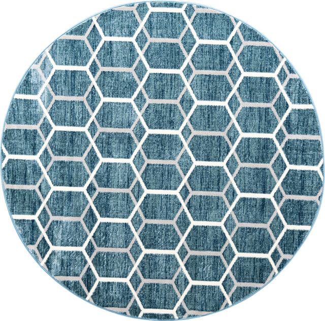 Blue 7' x 7' Matrix Trellis Round Area Rug 100% Polyester Geometric Pattern Modern Carpet for Living, Dining, Bedroom, Office for Sale at Rug Engine