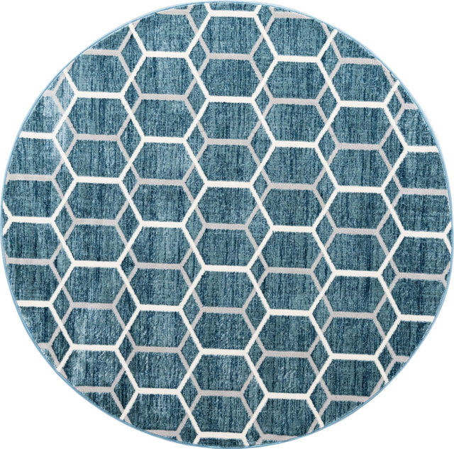 Blue 7' x 7' Matrix Trellis Round Area Rug 100% Polyester Geometric Pattern Modern Carpet for Living, Dining, Bedroom, Office for Sale at Rug Engine