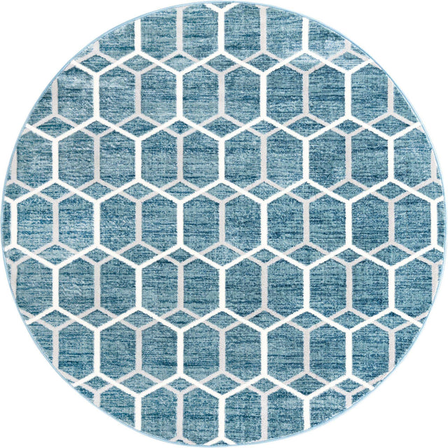 Blue 7' x 7' Matrix Trellis Round Area Rug 100% Polyester Geometric Pattern Modern Carpet for Living, Dining, Bedroom, Office for Sale at Rug Engine