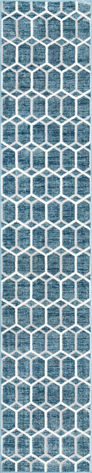 Blue 2' 7 x 13' Matrix Trellis Runner Area Rug 100% Polyester Geometric Pattern Modern Carpet for Living, Dining, Bedroom, Office for Sale at Rug Engine