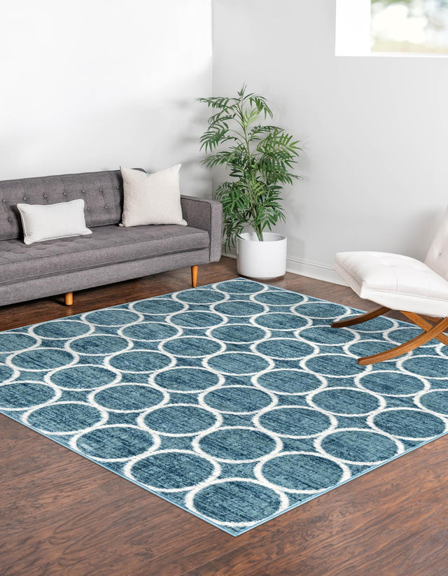 Blue 7' x 7' Matrix Trellis Square Area Rug 100% Polyester Geometric Pattern Modern Carpet for Living, Dining, Bedroom, Office for Sale at Rug Engine
