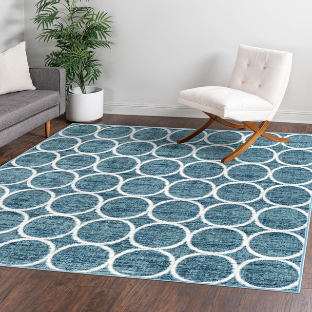 Blue 7' x 7' Matrix Trellis Square Area Rug 100% Polyester Geometric Pattern Modern Carpet for Living, Dining, Bedroom, Office for Sale at Rug Engine
