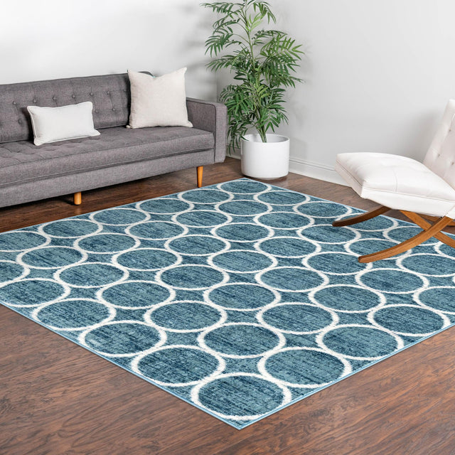 Blue 7' x 7' Matrix Trellis Square Area Rug 100% Polyester Geometric Pattern Modern Carpet for Living, Dining, Bedroom, Office for Sale at Rug Engine